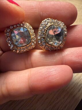 Gold-Tone Clear Crystal Halo Stud Earrings clip on